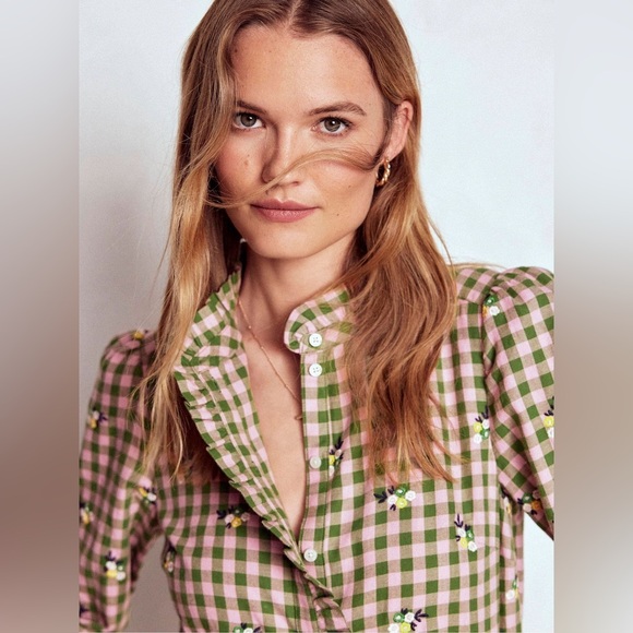 Boden Helena Brushed Cotton Ruffled Gingham and Floral Embroidered Blouse -US 8 - Picture 5 of 11